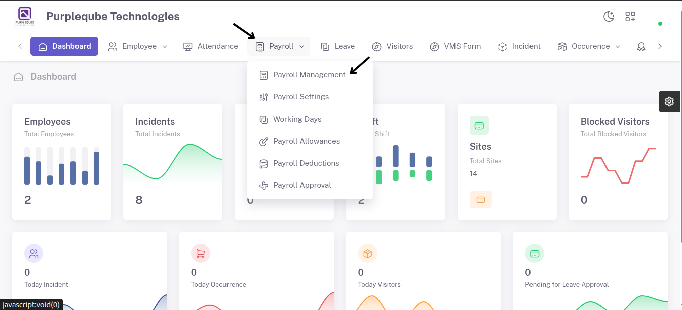 Dashboard showing Payroll dropdown menu expanded with Payroll Management submenu highlighted